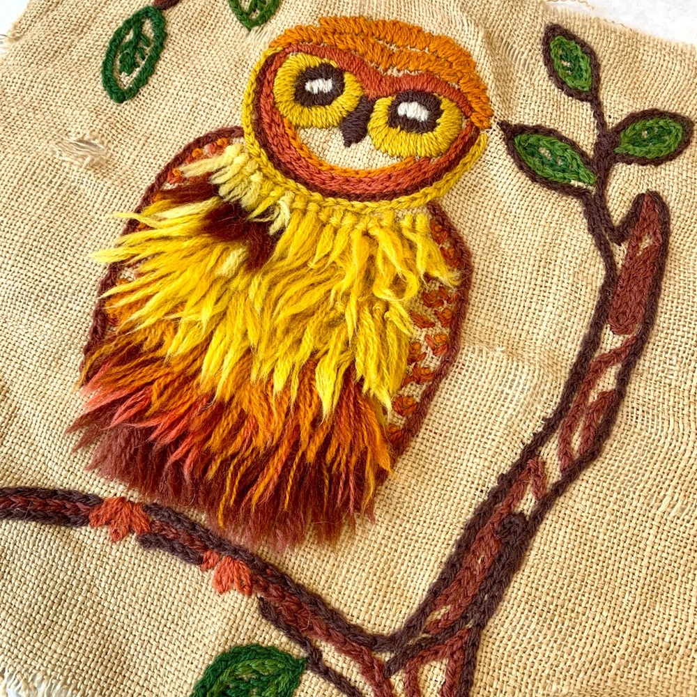 Vintage Owl Crewel on Burlap